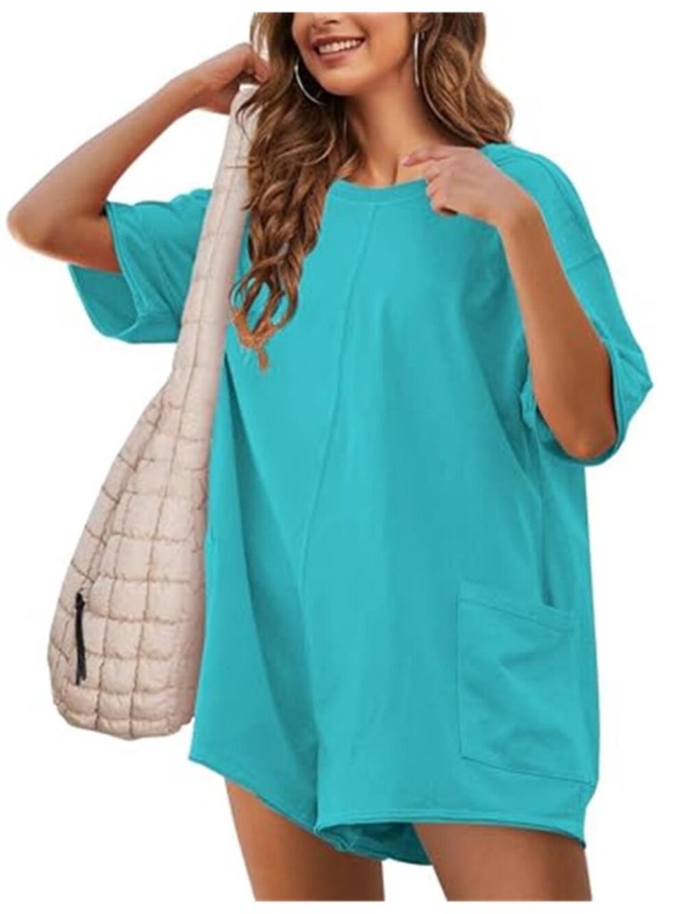 Womens Oversized Romper Short Sleeve Jumpsuit Loose Fit Pocket One Piece